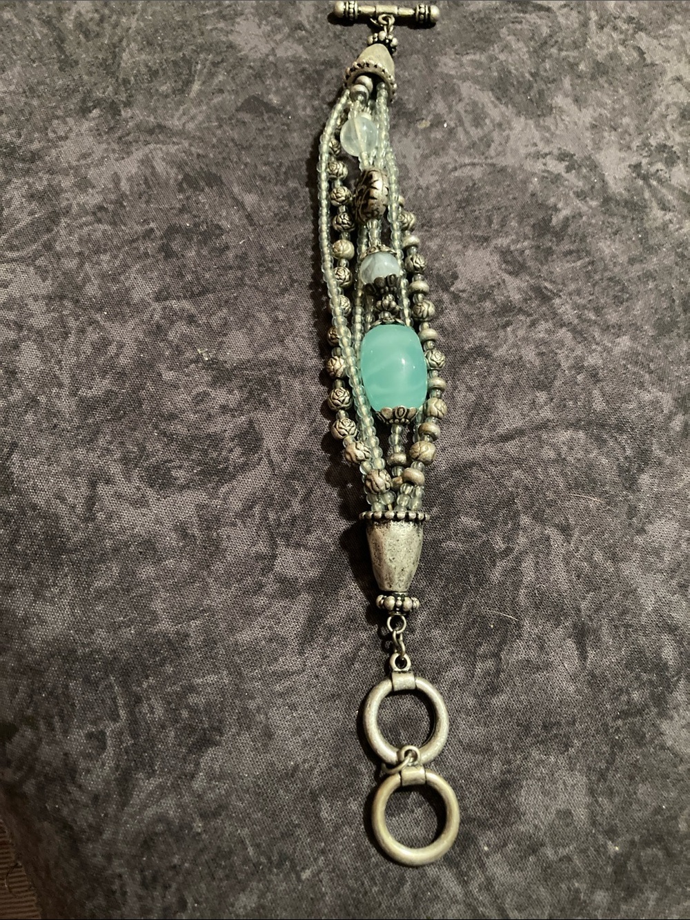 Multi-Strand Silver Tone Bracelet with Aqua & Clear Beads